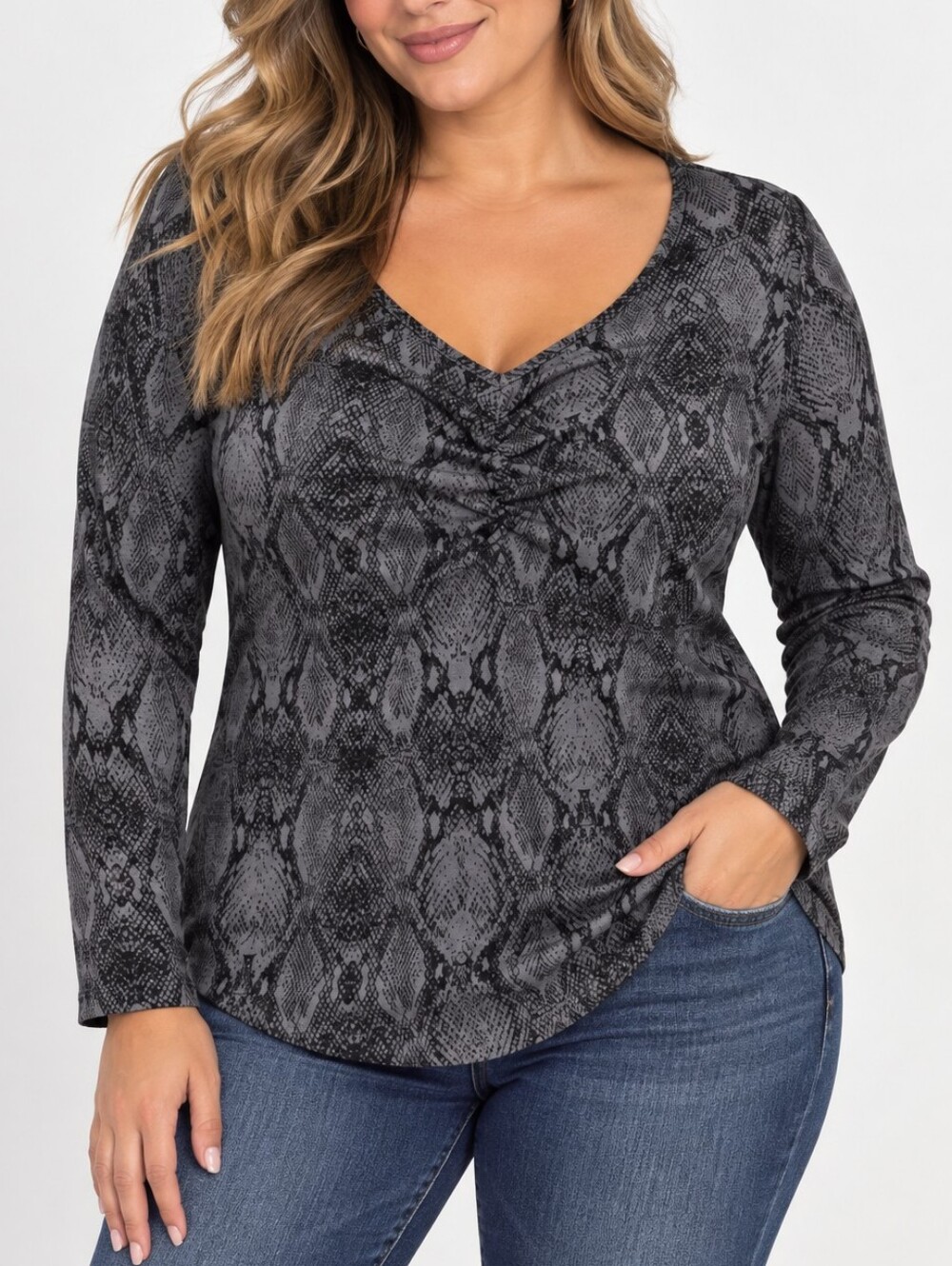 EVRI 1X Gray Black Snakeskin Print Twist Front Long Sleeve Top